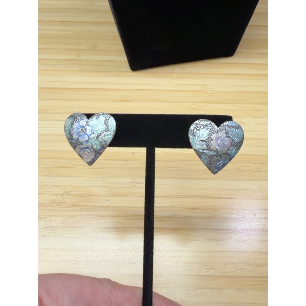 Floral Heart Stud Earrings Blue Green Patina Embossed Metal Boho Artisan